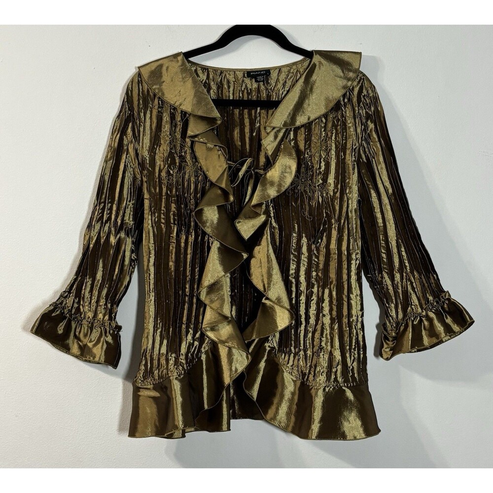 Vintage Y2K Piano Metallic Olive Gold Plissé Blouse Tied Front Ruffled Top Sz L